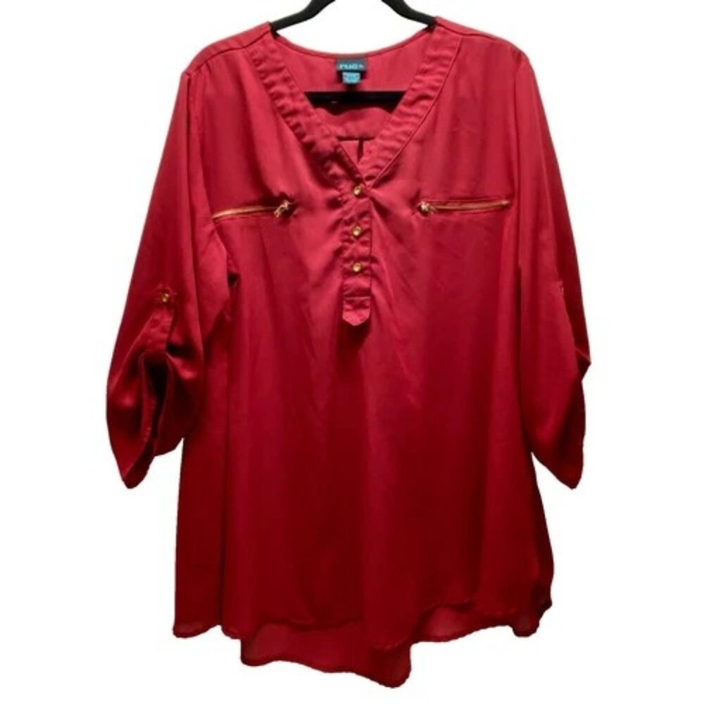 Rue+ V-Neck Tunic Women's 2X‎ Maroon 3/4 Roll Tab Sleeves Lightweight Blouse EUC
